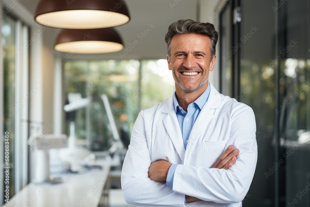 Man doctor smiling staying in his office