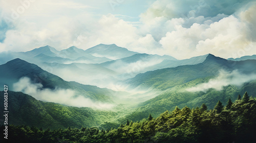 painting of the Appalachian Mountains, lush green valleys, misty peaks, snow-capped in the distance, warm sunlight photo