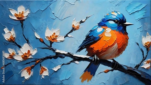 Oil painting of a blue and orange bird on spring branch, Watercolor, Acrylic Painting, Canvas Texture, Brush Strokes. Illustration oil painting, blue background
