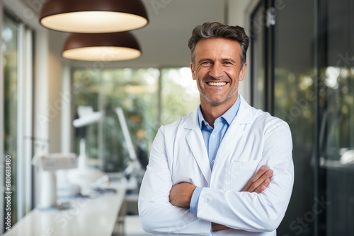 Man doctor smiling staying in his office