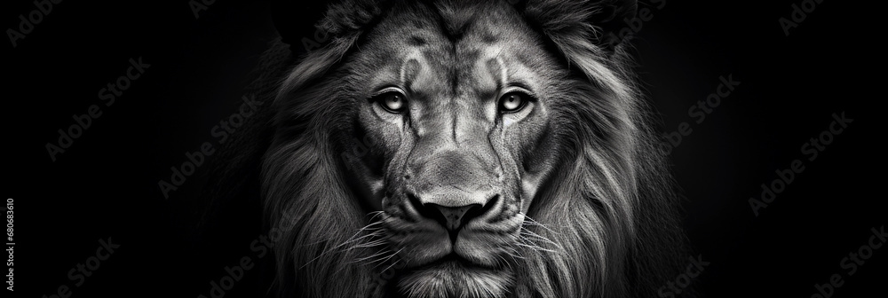Monochrome lion portrait, sharp eyes staring into the lens, highly contrasted, detailed mane