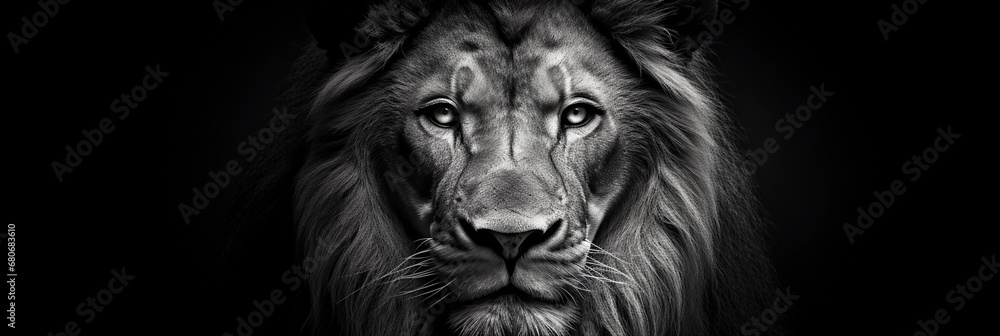 Monochrome lion portrait, sharp eyes staring into the lens, highly contrasted, detailed mane Monochrome lion portrait, sharp eyes staring into the lens, highly contrasted, detailed mane
