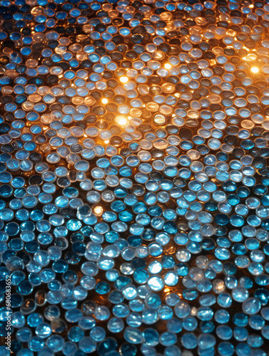 Mosaic art, beach created from tiny glass tiles, luminous and reflective, intricate patterns for water and sand