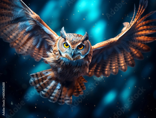 Mystical owl in flight, feathers detailed, glowing eyes, starry night background, ethereal, slow shutter speed effect