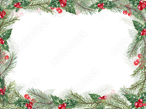 Christmas spruce branches. Green ilex leaves with bunch of red berries. Frame with fir, evergreen plant, Holly leaves. Copy space for text. Watercolor illustration for label, package, greetings.