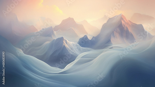 Surrealist interpretation of the Rocky Mountains, peaks shrouded in fog, ethereal snow-caps, swirling patterns in the sky, twilight hues, dream-like atmosphere
