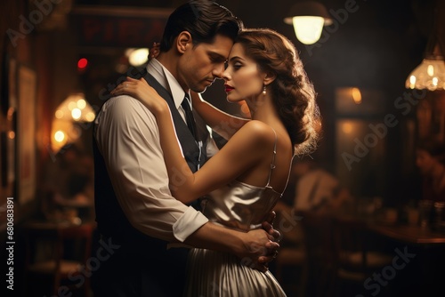 A pair of lovers dancing in old-fashioned restaurant