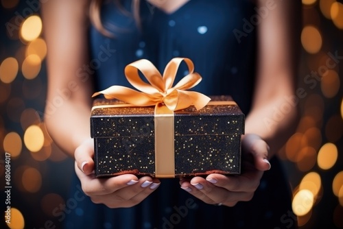 Woman hands holding elegant gift box with silk golden bow © bramthestocker