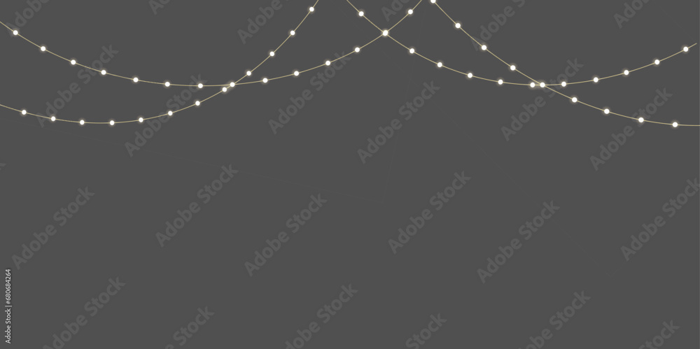 Christmas lights isolated. Glowing garlands on transparent dark background. Realistic luminous elements. Bright light bulbs for poster, card, brochure or web. Vector illustration