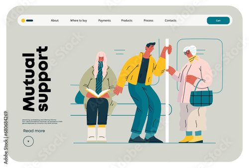 Mutual Support Giving up seat in public transport -modern flat vector concept illustration of man offering his seat to elderly woman on bus A metaphor of voluntary, collaborative exchanges of services