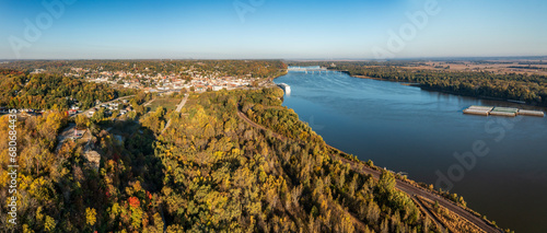 Aerial view of the city of Hannibal in Missouri from Lovers Leap overlook with Mississippi River and cruise boat photo
