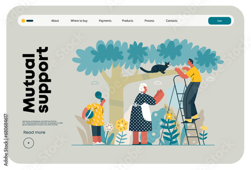 Mutual Support: Rescue cat from tree -modern flat vector concept illustration of elderly woman and man on a ladder under the tree Metaphor of voluntary, collaborative exchanges of resource, services