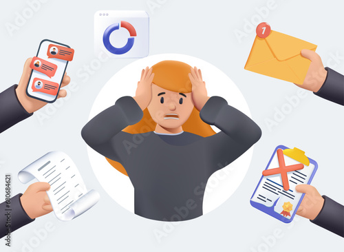 Multitasking Stressed Business Woman in Office Work Place 3D vector. Vector illustration. Employees overloaded business