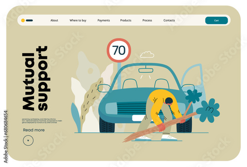 Mutual Support: Clearing an obstacle from the way -modern flat vector concept illustration of a man removing a fallen branch from the road A metaphor of voluntary, collaborative exchanges of services