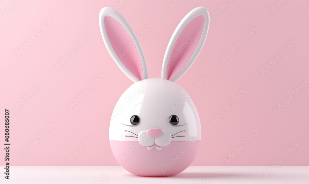 Obraz premium Primitive 3d illustration of a bunny. Cute minimalist figurine with a weighted bottom for stability, tumbler, portrait on a pink background. 3D banner of toy Easter symbol. Cartoon character 3d rabbit