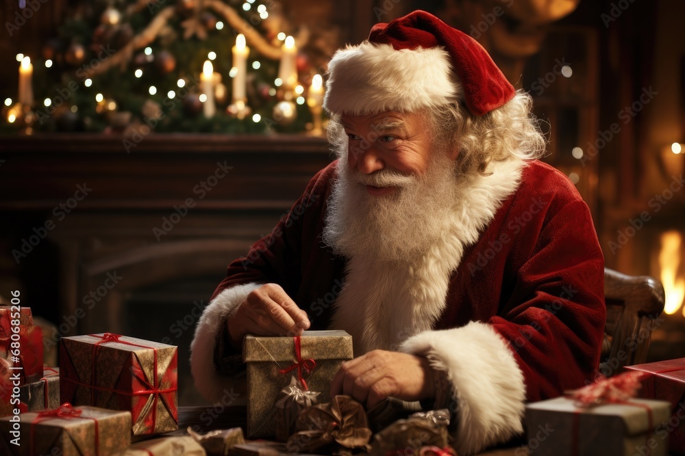 Santa Claus making gift box at home. Christmas holiday. Generative AI Santa Claus making gift box at home. Christmas holiday. Generative AI