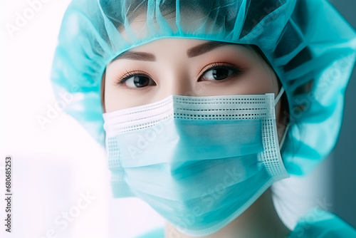 Close-up portrait of a dedicated asian female doctor in uniform, wearing a mask and medical cap, ready for duty.

