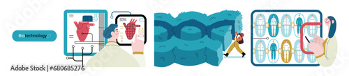 Bio Technology -modern flat vector concept illustration of improving aspects of healthcare, agriculture, environmental sustainability, industrial processes. Metaphor of bridging Science and Nature