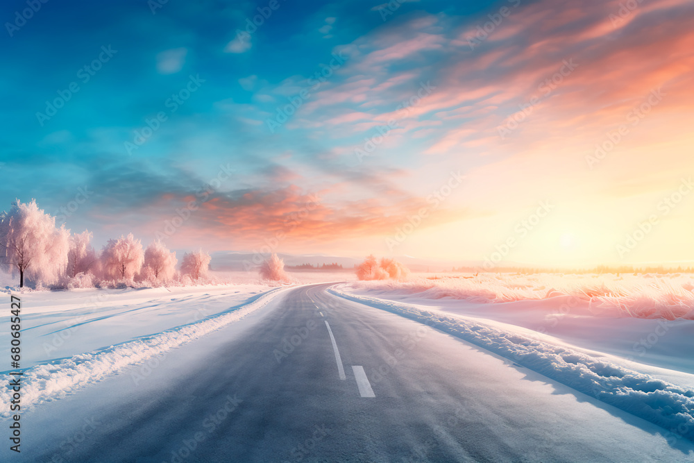 snowy road in the morning. nice atmospheric view. Bright image. snowy road in the morning. nice atmospheric view. Bright image.