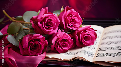 Red roses on piano sheet music, in the style of magenta and crimson, love and romance