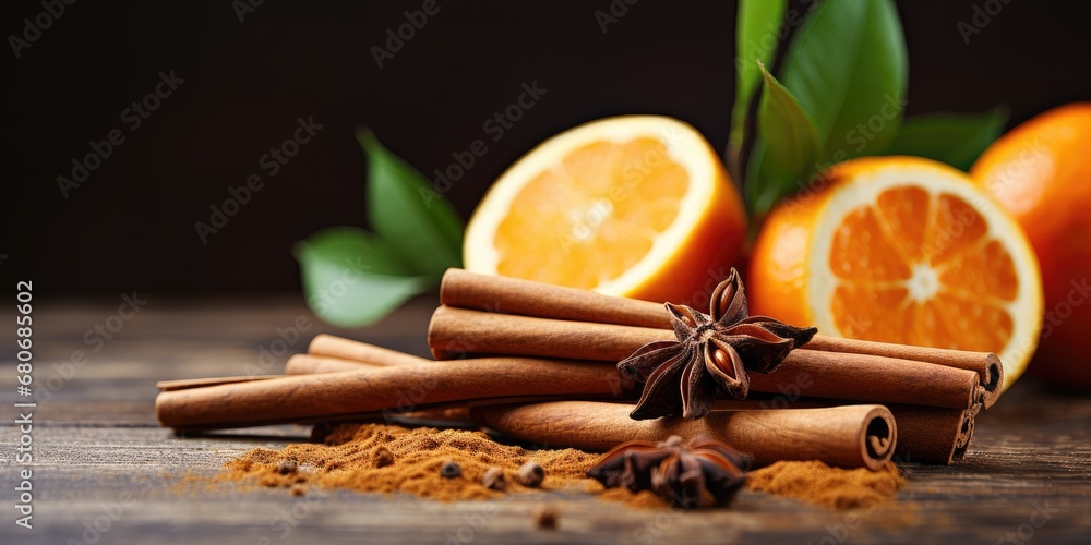Fragrant cinnamon sticks, star anise, oranges on the table close-up. Generative AI Fragrant cinnamon sticks, star anise, oranges on the table close-up. Generative AI