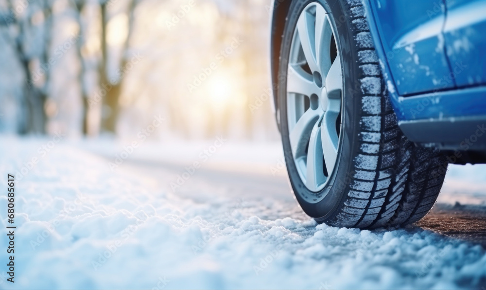 winter tires close-up on a blue car standing on the snow, road safety concept