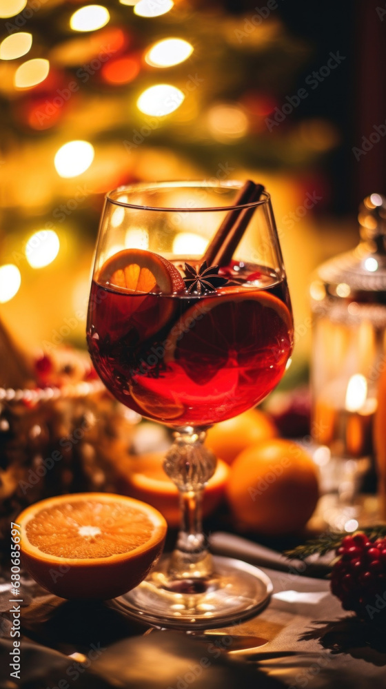 close-up of a hot alcoholic drink with citrus fruits, cinnamon, star anise and other spices in a glass against the background of New Year and Christmas lights
