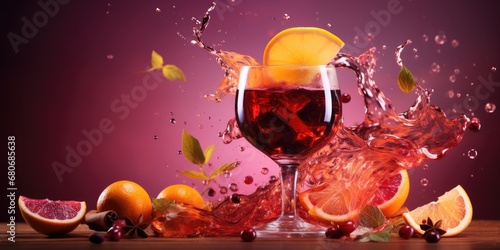 A splash of mulled wine with fruits and spices close-up on a bright background. Generative AI