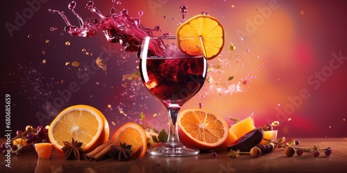 Christmas mulled wine. A splash of mulled wine with fruits and spices close-up on a bright background.  photo