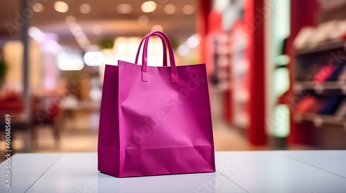 Wallpaper Mural Magenta Shopping Bag in front of a blurred Mall Background. Template for Sales and Auctions Torontodigital.ca