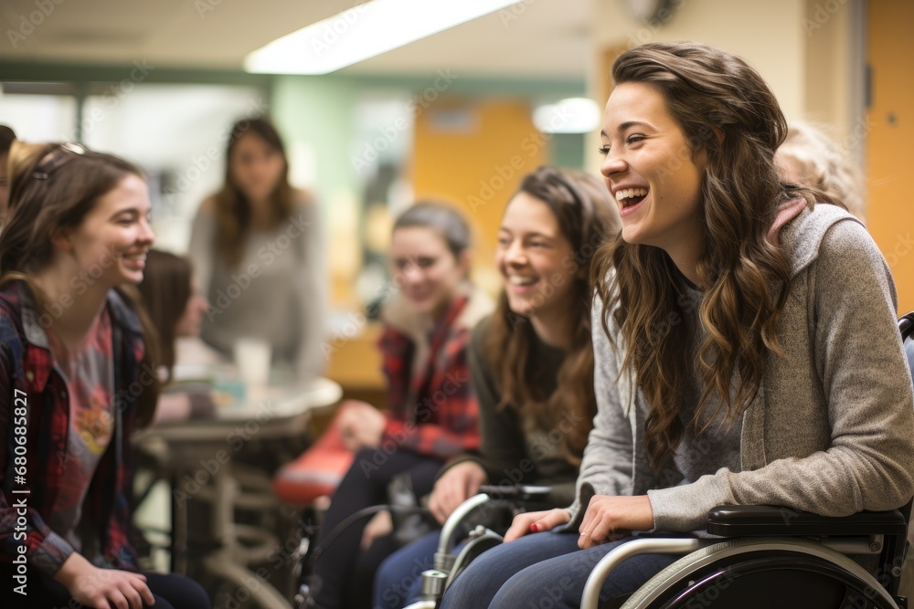 Wheelchair people at meeting room. Generative AI Wheelchair people at meeting room. Generative AI