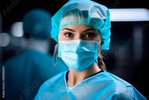 Close-up portrait of a dedicated european female doctor in uniform  wearing a mask and medical cap  ready for duty.  