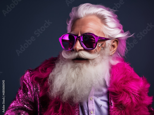 Modern Santa claus dressed in pink suit with sunglasses on a pink background. Christmas or New Year Fashion party concept.