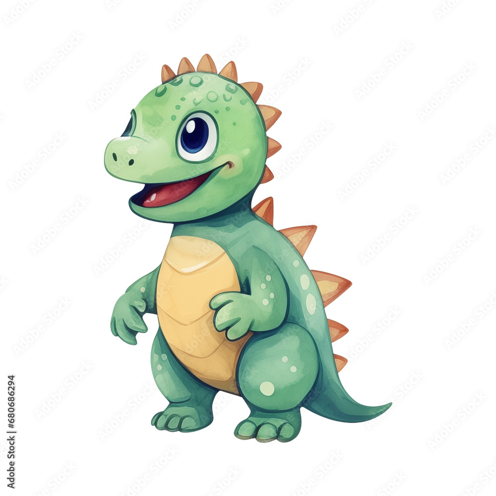 Naklejka premium Cute dinosaurs cartoon character watercolor illustration, isolated on white background. AI generated