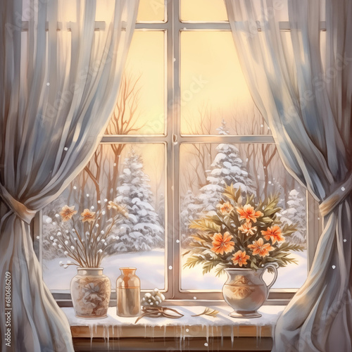 Christmas window with vases filled with flowers and snow