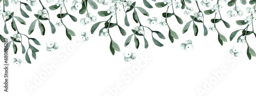 Watercolor Border with Mistletoe branches. Christmas background for design and invitations. Winter plants