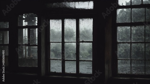 The heavy rain pounds against the windows of an old, abandoned mansion, the only sound in an otherwise silent and eerie landscape. The storm seems to have a life of its own.