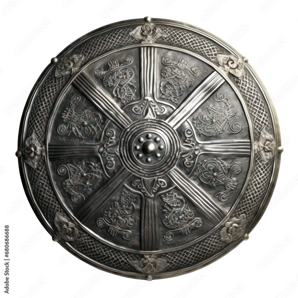 A round metallic knight's shield with ornaments and embellishments, isolated as a PNG. - obrazy, fototapety, plakaty 