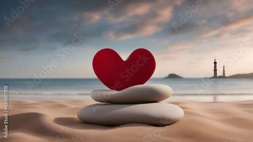 heart on the beach A stone tower with a heart on a sand wave background. The tower is made of stones and has some details 