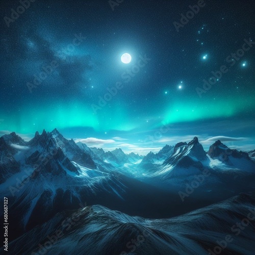 Northern Lights over a snowy mountain range