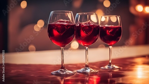  glasses of red wine glasses of red wine on a table with heart in them hearts