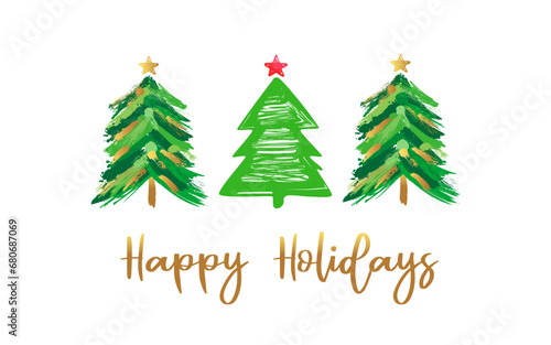 Happy Holidays  greeting card with decorative Christmas tree. Xmas and New Year golden and green colors pine  brush illustration isolated on white. Hand drawn graphics for winter holiday design