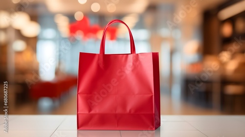 Red Shopping Bag in front of a blurred Mall Background. Template for Sales and Auctions
