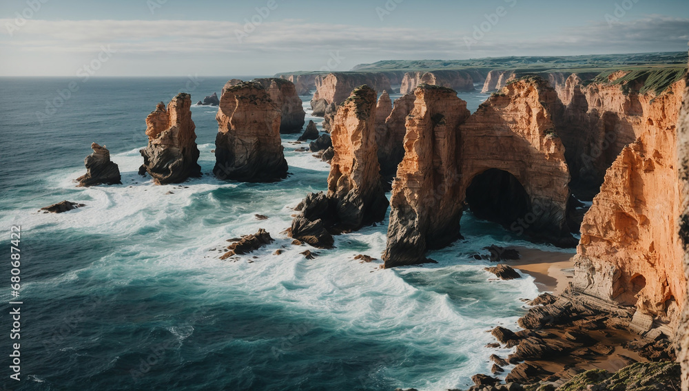 Magnificent and enchanting coastal rock formations, are shaped by the relentless power of the ocean - AI Generative