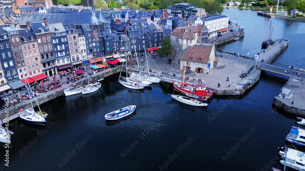 Drone point of view on Small and beautiful town Honfleur