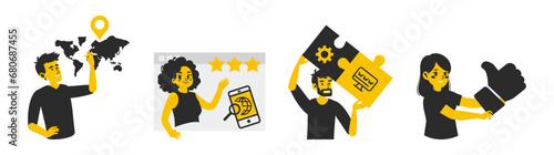 Business concept illustrations. Scenes of men and women participating in business activities. Trendy flat graphic vector illustrations isolated on white background.