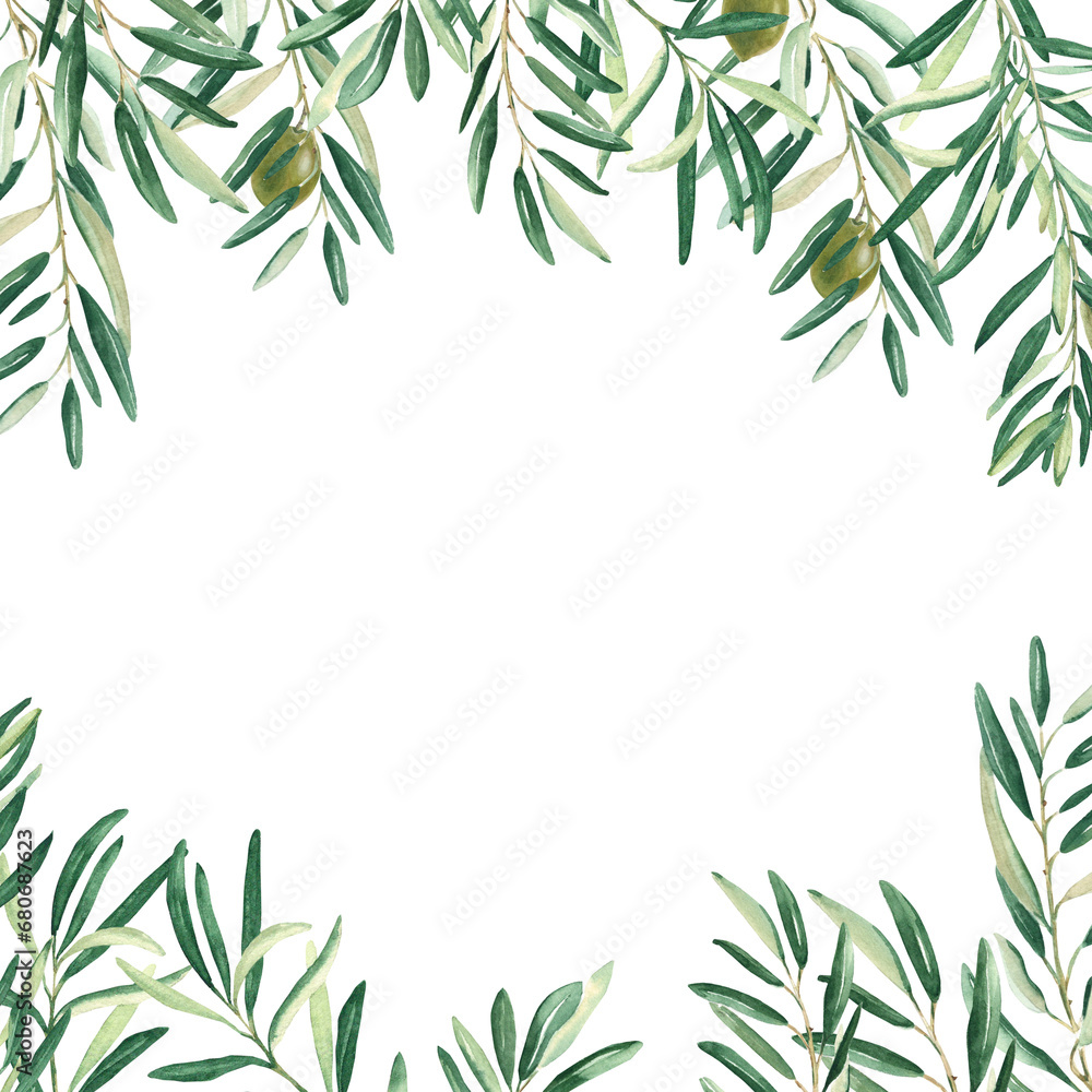 Olive tree square frame, border. Green olives and branches. Hand drawn watercolor botanical illustration isolated on white background. Can be used for cards, logos and food design. Olive tree square frame, border. Green olives and branches. Hand drawn watercolor botanical illustration isolated on white background. Can be used for cards, logos and food design.