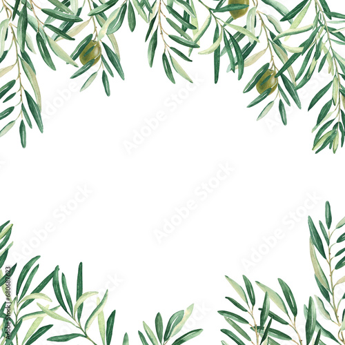 Olive tree square frame  border. Green olives and branches. Hand drawn watercolor botanical illustration isolated on white background. Can be used for cards  logos and food design.