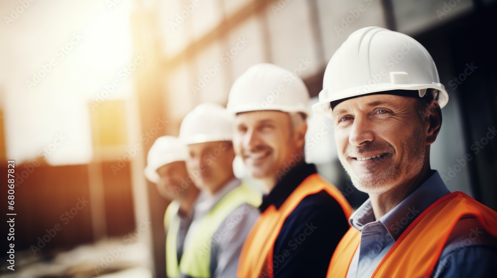 men posing at work on a construction site, construction hardhat and work vest, smiling, middle aged or older, men posing at work on a construction site, construction hardhat and work vest, smiling, middle aged or older,