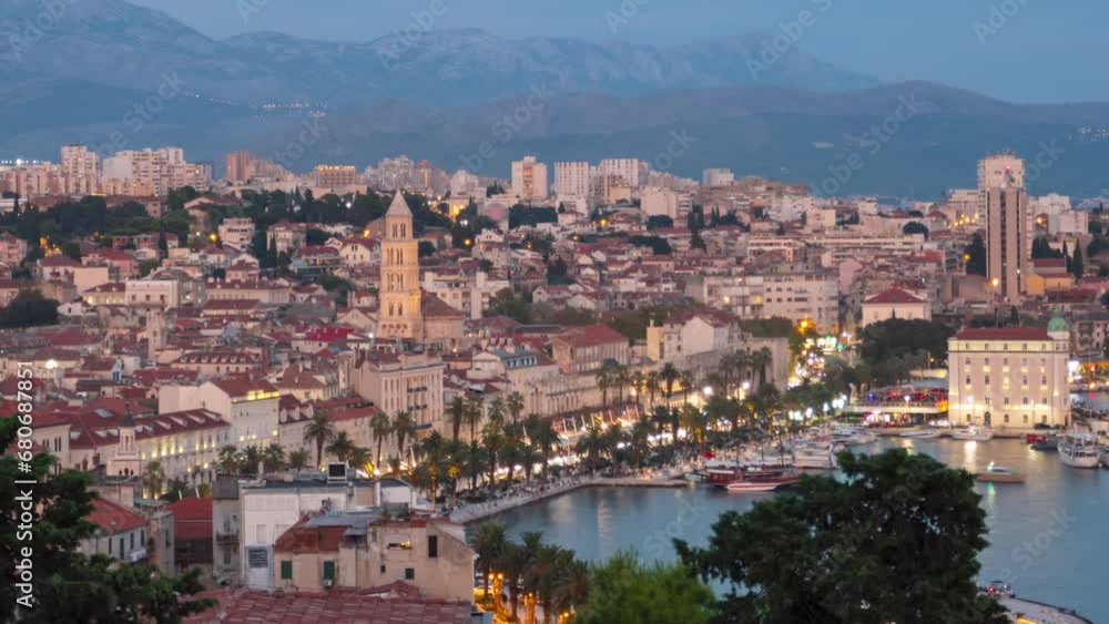 Day to night aerial hyper lapse old town Split, Croatia. Day to night aerial hyper lapse old town Split, Croatia.
